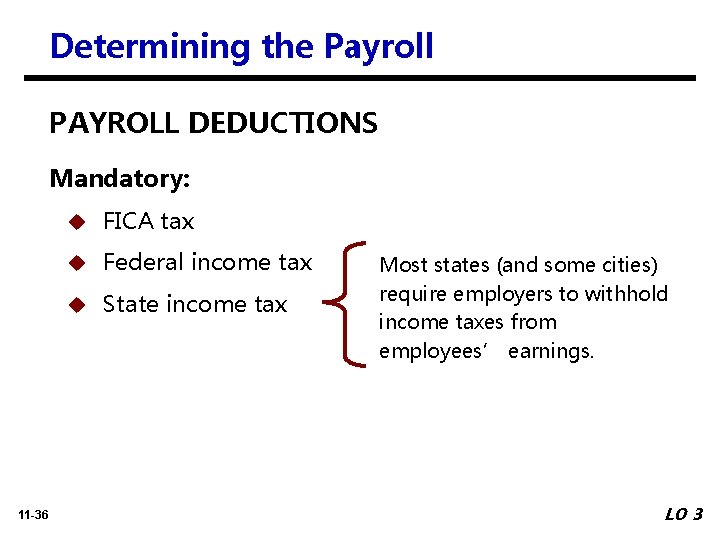 Determining the Payroll PAYROLL DEDUCTIONS Mandatory: 11 -36 u FICA tax u Federal income