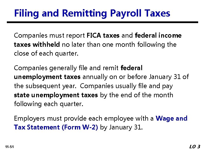 Filing and Remitting Payroll Taxes Companies must report FICA taxes and federal income taxes