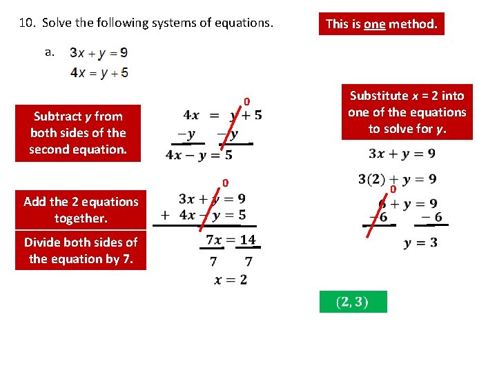 10. Solve the following systems of equations. This is one method. a. 0 Subtract