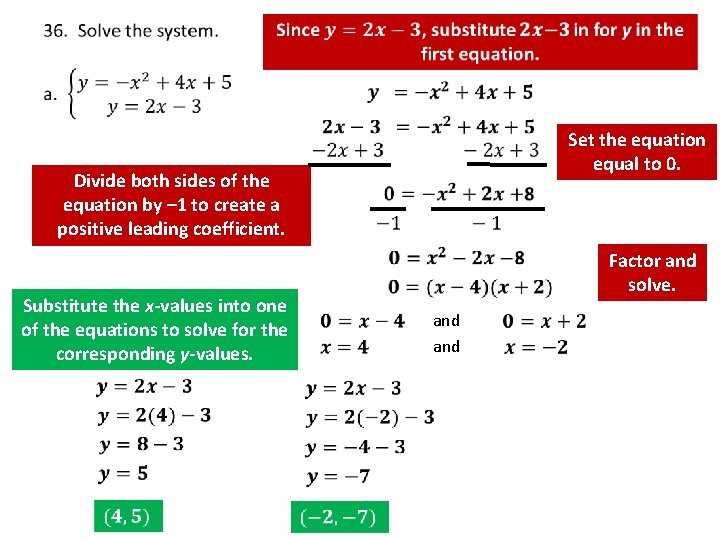 Set the equation equal to 0. Divide both sides of the equation by –