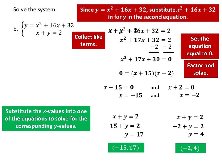 Collect like terms. Set the equation equal to 0. Factor and solve. and Substitute