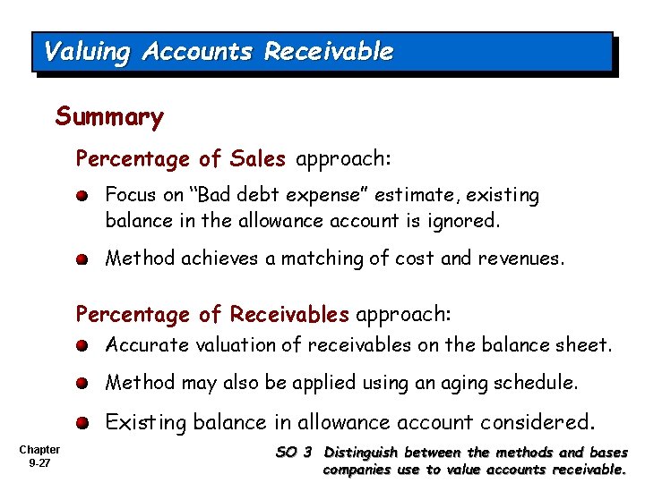 Valuing Accounts Receivable Summary Percentage of Sales approach: Focus on “Bad debt expense” estimate,