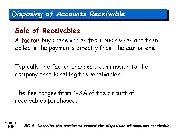 Disposing of Accounts Receivable Sale of Receivables A factor buys receivables from businesses and