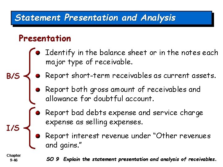 Statement Presentation and Analysis Presentation Identify in the balance sheet or in the notes