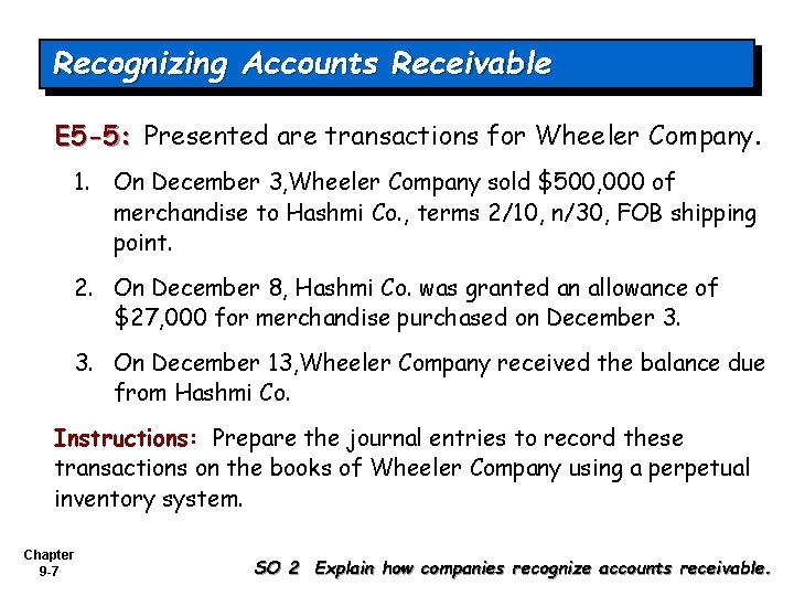 Recognizing Accounts Receivable E 5 -5: Presented are transactions for Wheeler Company. 1. On