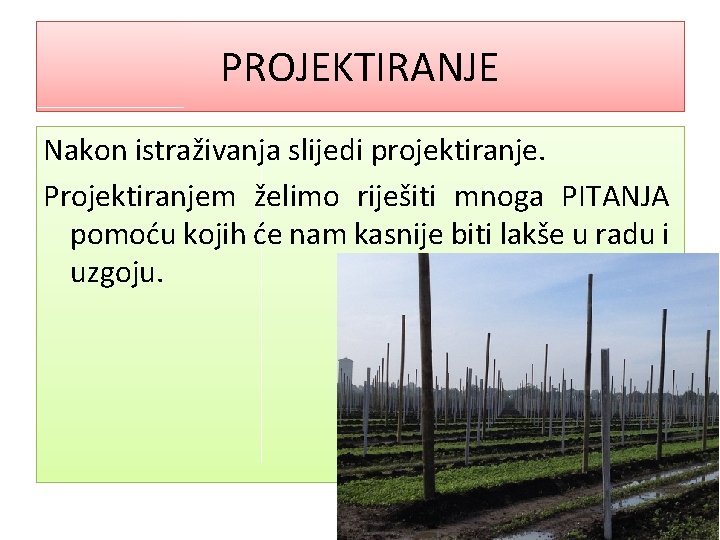 PROJEKTIRANJE Nakon istraživanja slijedi projektiranje. Projektiranjem želimo riješiti mnoga PITANJA pomoću kojih će nam