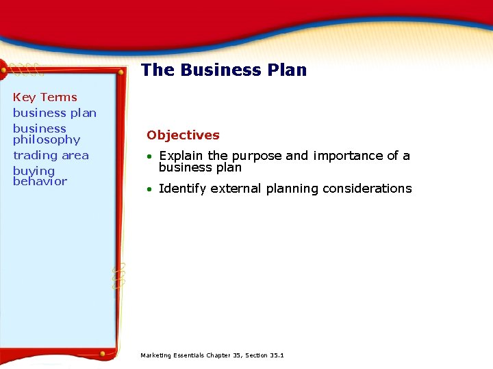 The Business Plan Key Terms business plan business philosophy trading area buying behavior Objectives