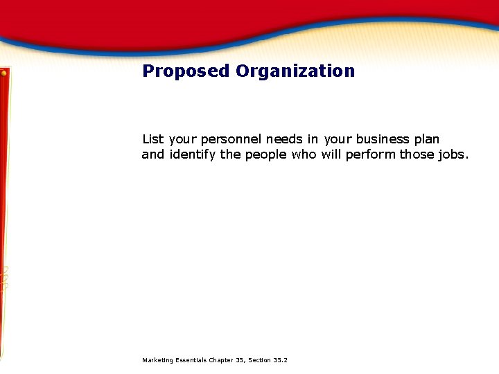 Proposed Organization List your personnel needs in your business plan and identify the people