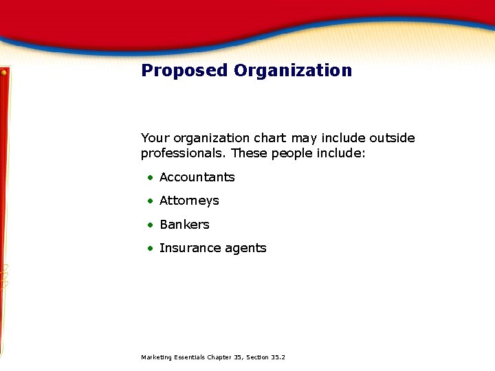Proposed Organization Your organization chart may include outside professionals. These people include: • Accountants