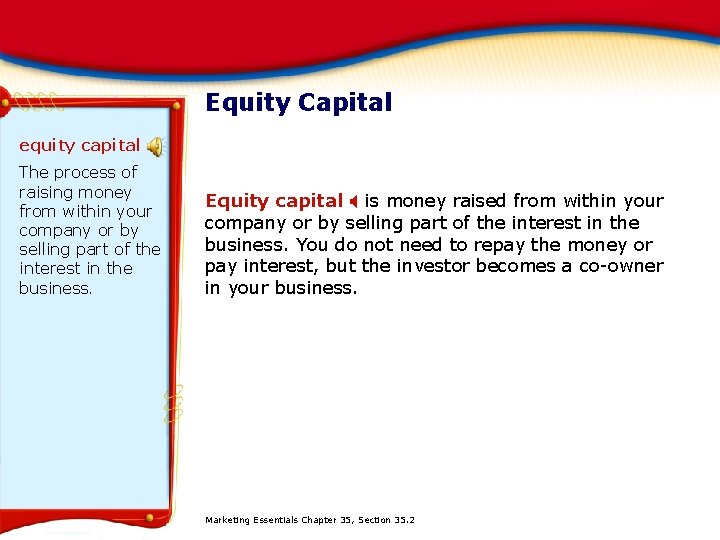 Equity Capital equity capital The process of raising money from within your company or