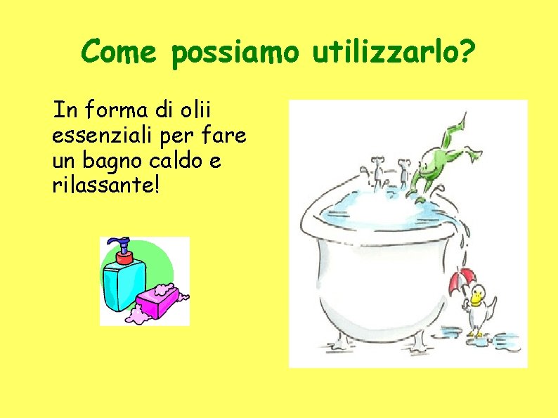 Come possiamo utilizzarlo? In forma di olii essenziali per fare un bagno caldo e