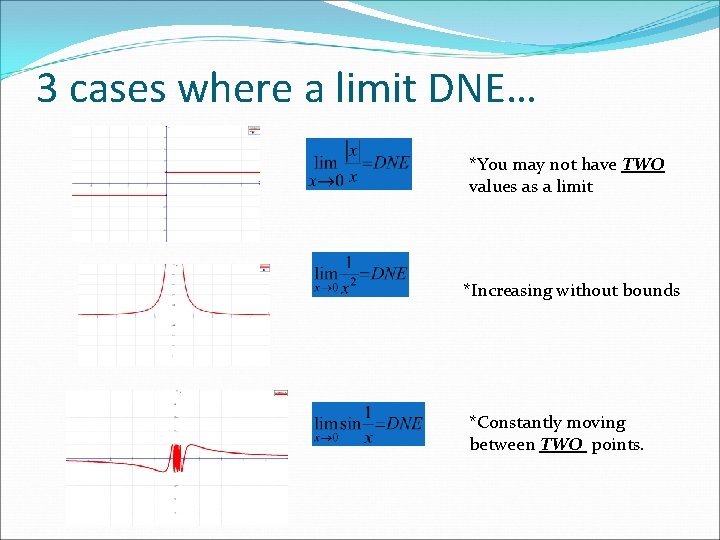 3 cases where a limit DNE… *You may not have TWO values as a