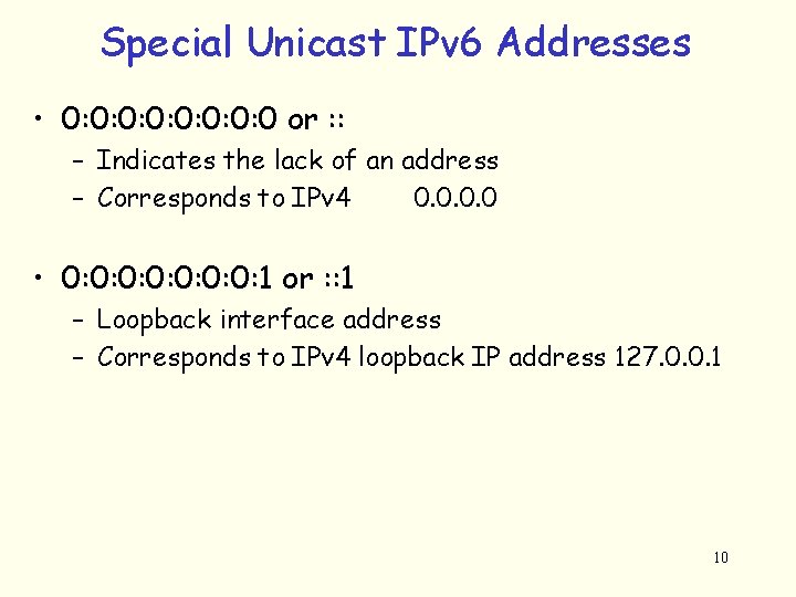 Special Unicast IPv 6 Addresses • 0: 0: 0 or : : – Indicates