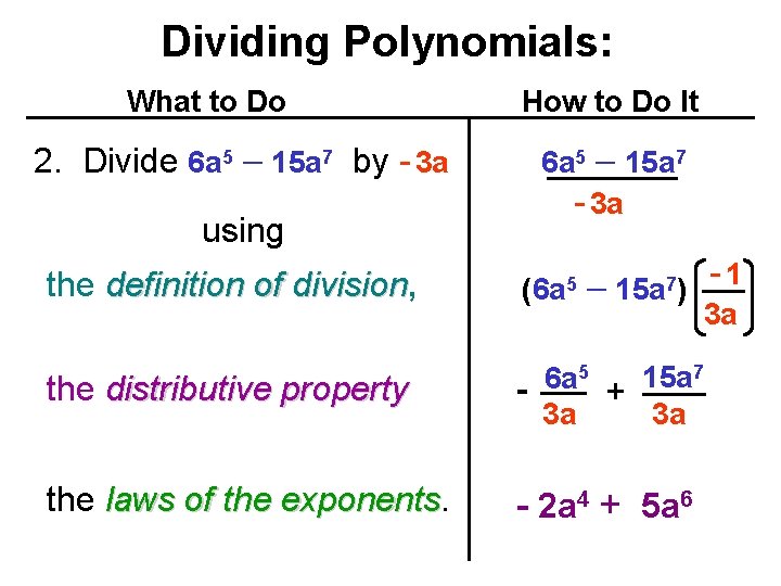 Dividing Polynomials: What to Do 2. Divide 6 a 5 15 a 7 by