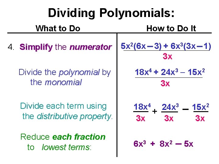 Dividing Polynomials: What to Do 4. Simplify the numerator How to Do It 5