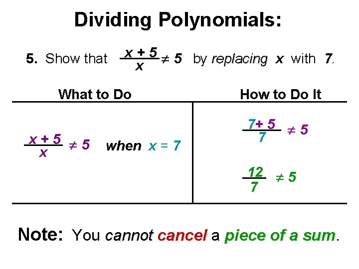 Dividing Polynomials: 5. Show that x + 5 5 by replacing x with 7.