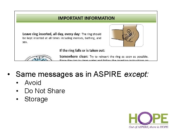  • Same messages as in ASPIRE except: • Avoid • Do Not Share