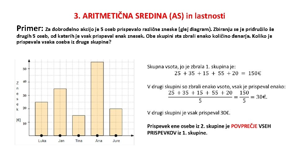 3. ARITMETIČNA SREDINA (AS) in lastnosti Primer: Za dobrodelno akcijo je 5 oseb prispevalo