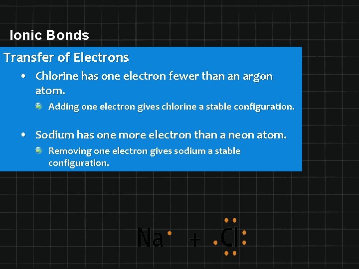 Ionic Bonds Transfer of Electrons • Chlorine has one electron fewer than an argon
