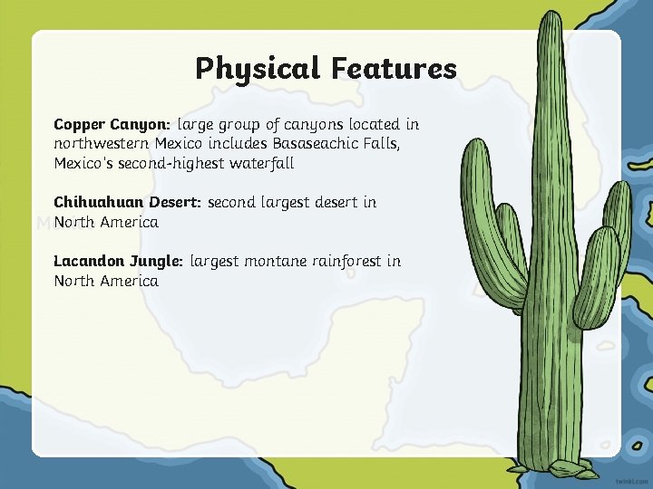 Physical Features Copper Canyon: large group of canyons located in northwestern Mexico includes Basaseachic