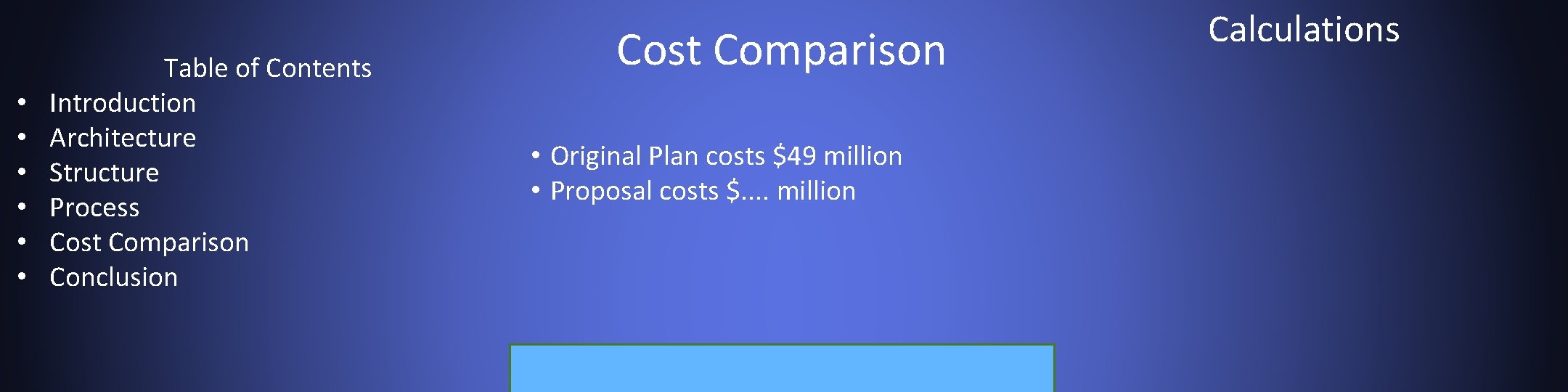  • • • Table of Contents Introduction Architecture Structure Process Cost Comparison Conclusion