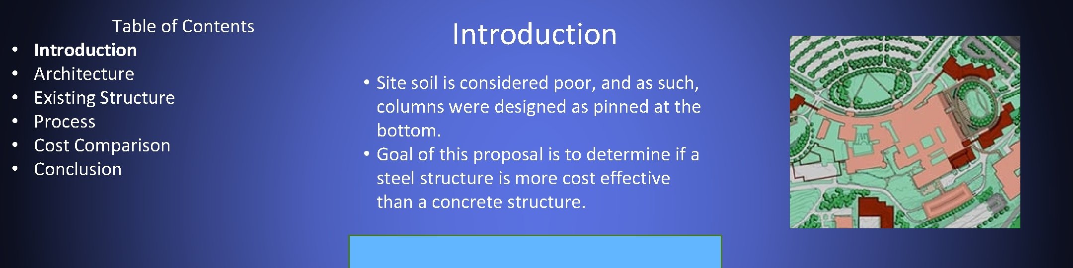  • • • Table of Contents Introduction Architecture Existing Structure Process Cost Comparison