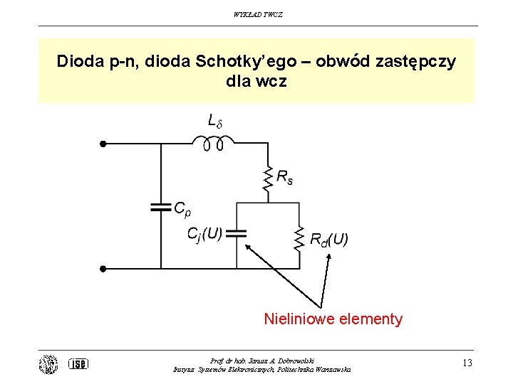 WYKŁAD TWCZ Dioda p-n, dioda Schotky’ego – obwód zastępczy dla wcz Nieliniowe elementy Prof.