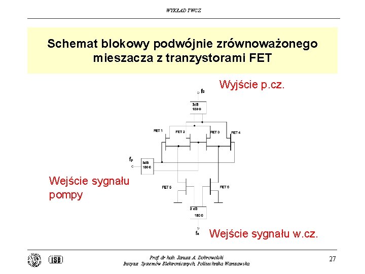 WYKŁAD TWCZ Schemat blokowy podwójnie zrównoważonego mieszacza z tranzystorami FET Wyjście p. cz. Wejście