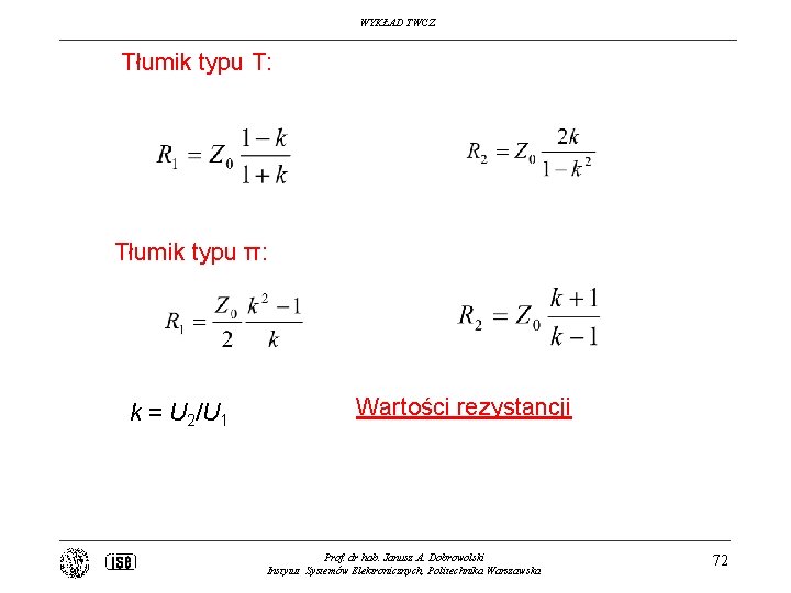 WYKŁAD TWCZ Tłumik typu T: Tłumik typu π: k = U 2/U 1 Wartości