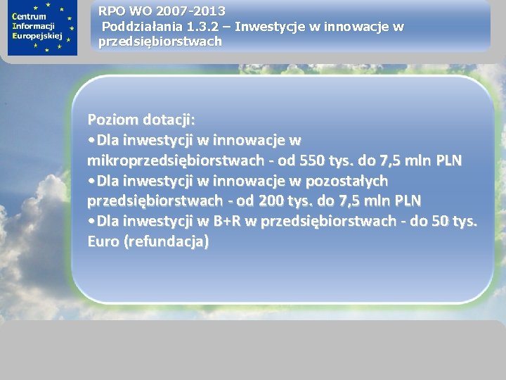 sprawimy, że Twój BIZNES rozkwitnie RPO WO 2007 -2013 Poddziałania 1. 3. 2 –