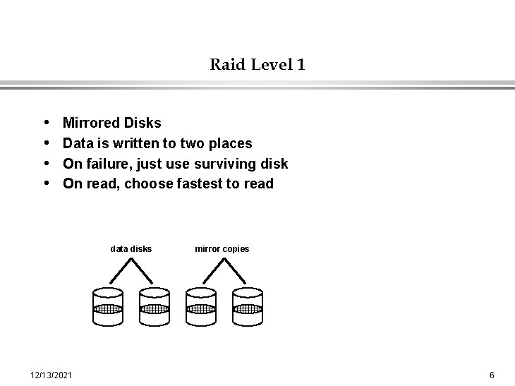 Raid Level 1 • • Mirrored Disks Data is written to two places On