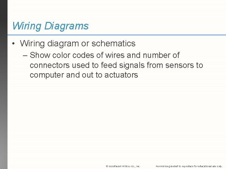 Wiring Diagrams • Wiring diagram or schematics – Show color codes of wires and