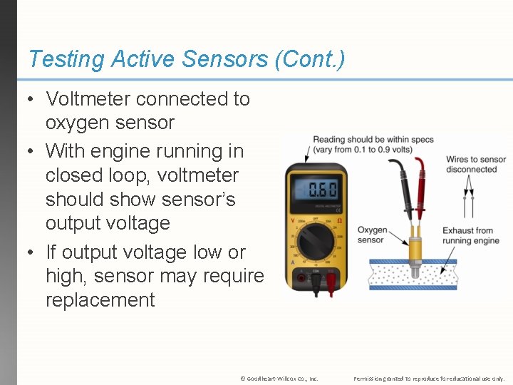 Testing Active Sensors (Cont. ) • Voltmeter connected to oxygen sensor • With engine