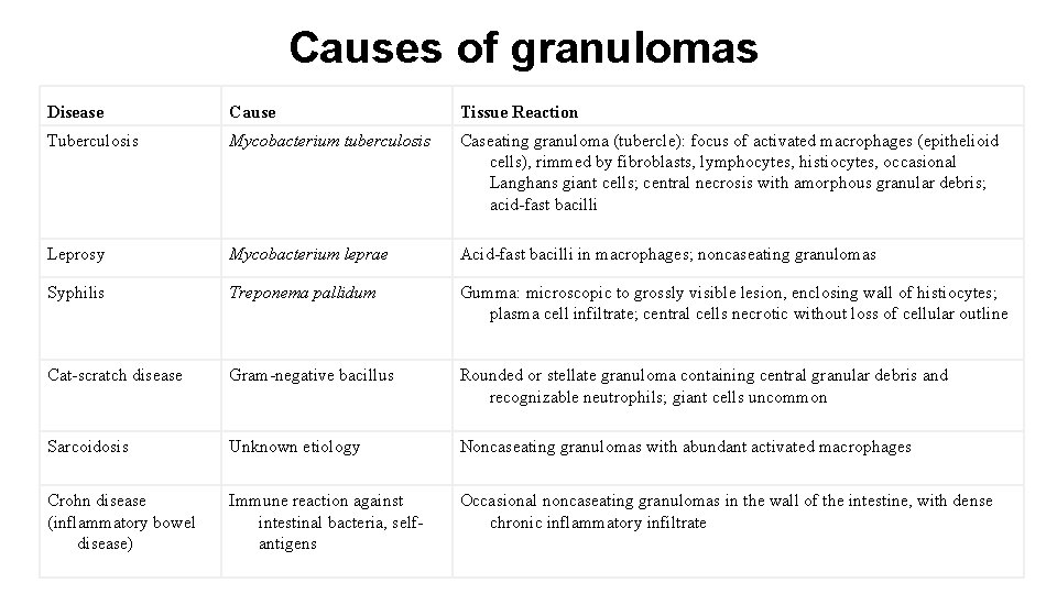 Causes of granulomas Disease Cause Tissue Reaction Tuberculosis Mycobacterium tuberculosis Caseating granuloma (tubercle): focus