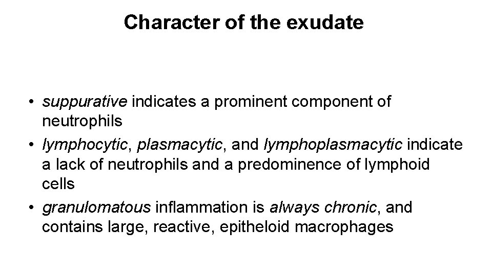 Character of the exudate • suppurative indicates a prominent component of neutrophils • lymphocytic,