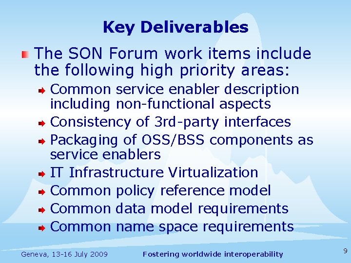 Key Deliverables The SON Forum work items include the following high priority areas: Common