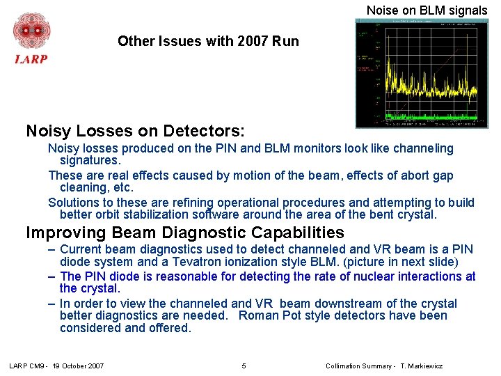 Noise on BLM signals Other Issues with 2007 Run Noisy Losses on Detectors: Noisy