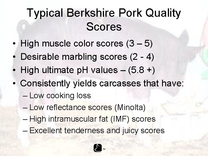 Typical Berkshire Pork Quality Scores • • High muscle color scores (3 – 5)