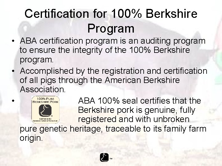 Certification for 100% Berkshire Program • ABA certification program is an auditing program to