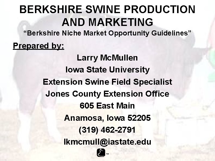 BERKSHIRE SWINE PRODUCTION AND MARKETING “Berkshire Niche Market Opportunity Guidelines” Prepared by: Larry Mc.