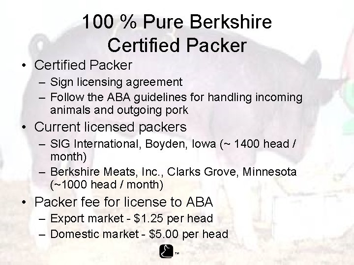 100 % Pure Berkshire Certified Packer • Certified Packer – Sign licensing agreement –
