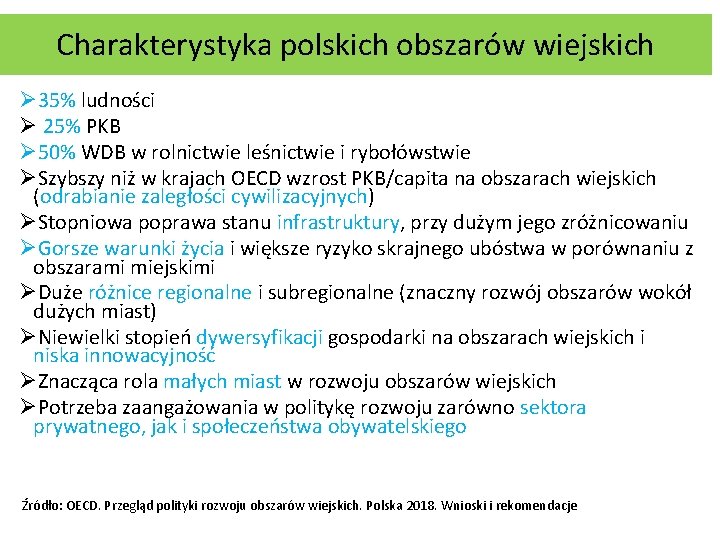 Charakterystyka polskich obszarów wiejskich Ø 35% ludności Ø 25% PKB Ø 50% WDB w