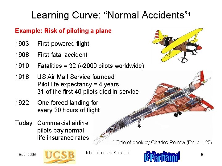 Learning Curve: “Normal Accidents” 1 Example: Risk of piloting a plane 1903 First powered