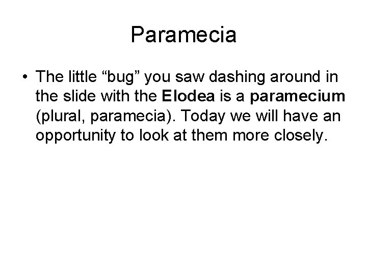 Paramecia • The little “bug” you saw dashing around in the slide with the