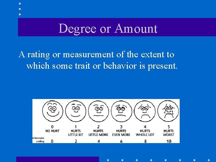 Degree or Amount A rating or measurement of the extent to which some trait