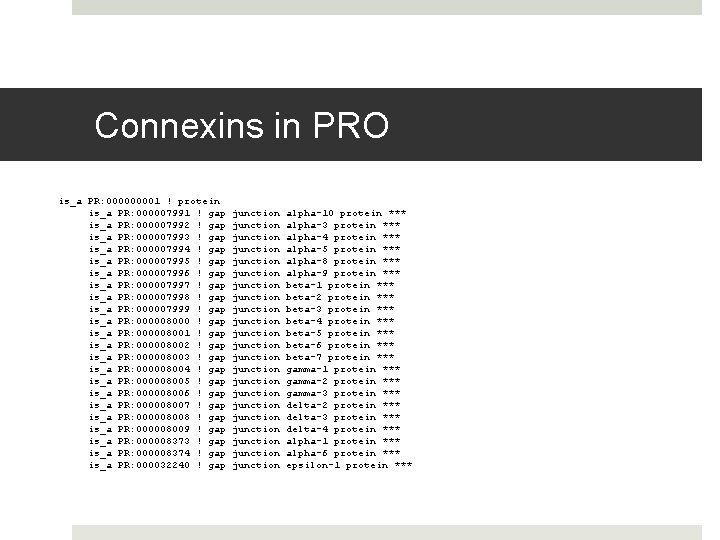 Connexins in PRO is_a PR: 00001 ! protein is_a PR: 000007991 ! gap is_a