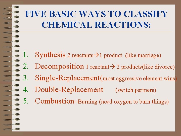 FIVE BASIC WAYS TO CLASSIFY CHEMICAL REACTIONS: 1. 2. 3. 4. 5. Synthesis 2