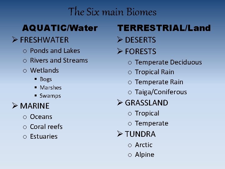 The Six main Biomes AQUATIC/Water Ø FRESHWATER o Ponds and Lakes o Rivers and