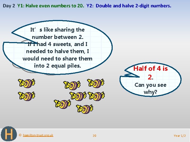 Day 2 Y 1: Halve even numbers to 20. Y 2: Double and halve