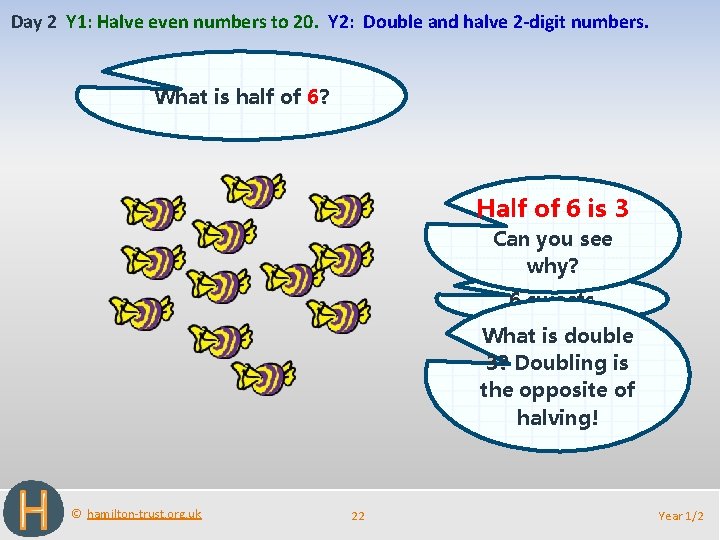 Day 2 Y 1: Halve even numbers to 20. Y 2: Double and halve